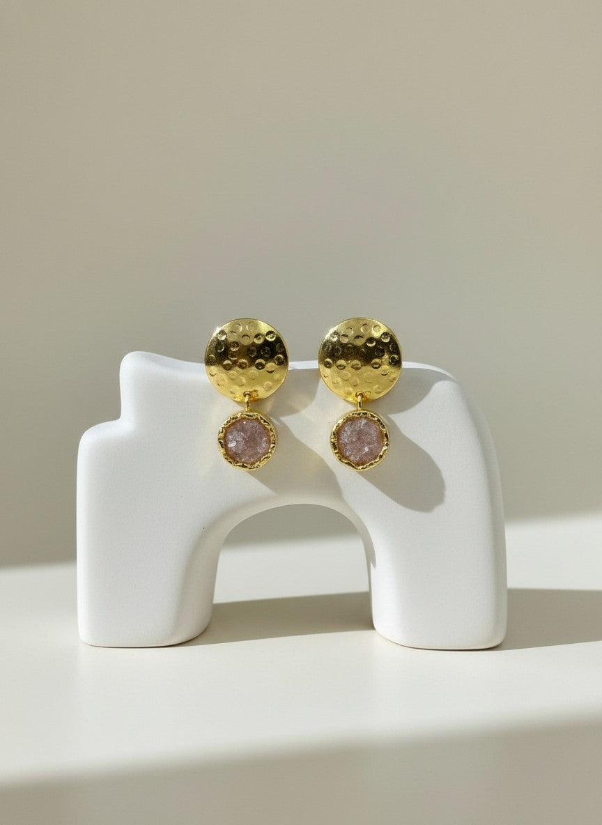 Textured Handcrafted 18K Gold Plated Rose Quartz Stud Earrings – Versatile All-Occasion Statement