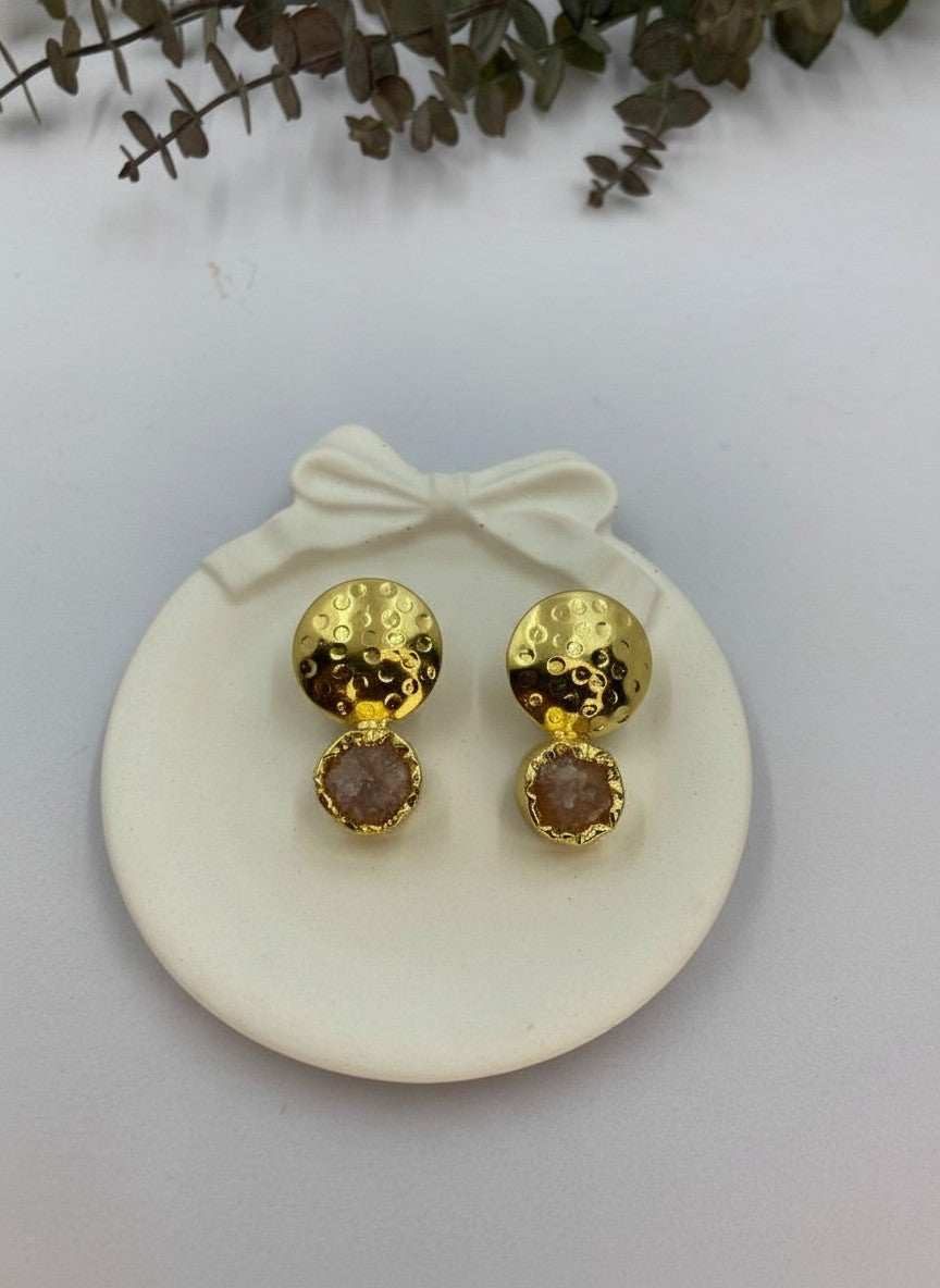 Textured Handcrafted 18K Gold Plated Rose Quartz Stud Earrings – Versatile All-Occasion Statement