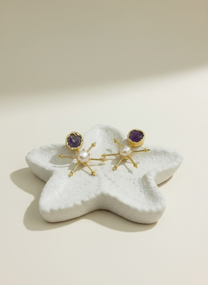 Celestial Starburst Pearl & Amethyst 18K Gold Plated Stud Earrings for Women - All occasion wear