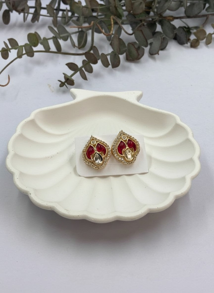 Gold-Plated Kundan-Style Stud Earrings with Red Stones & Teardrop Crystal for Women - All Occasions