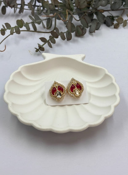 Gold-Plated Kundan-Style Stud Earrings with Red Stones & Teardrop Crystal for Women - All Occasions