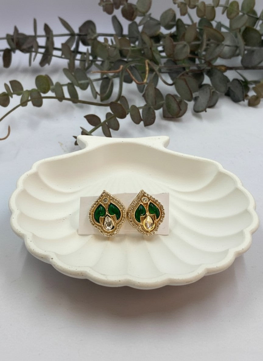 Gold-Plated Kundan-Style Stud Earrings with Green Stones & Teardrop Crystal for Women - All Occasions