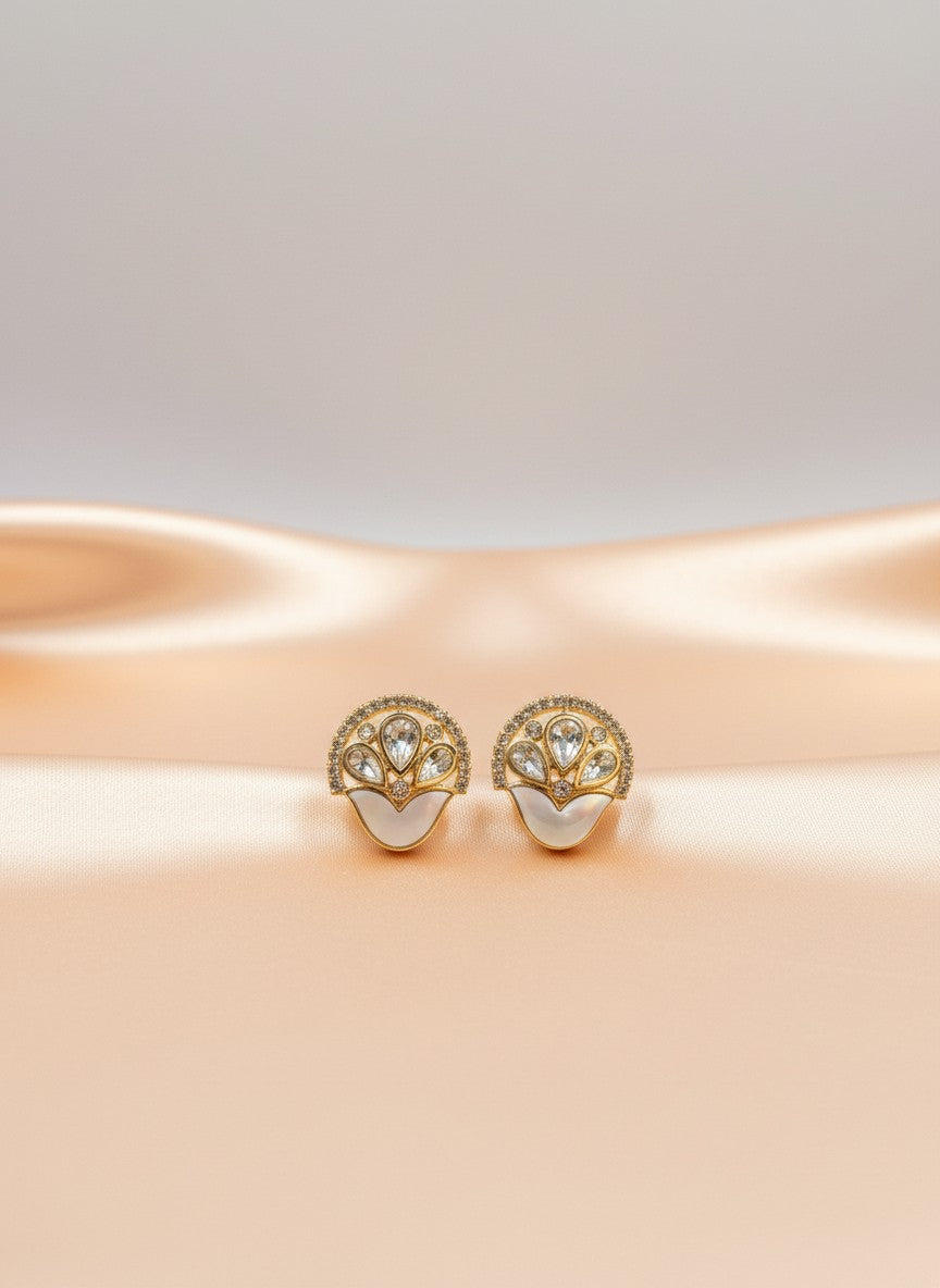 Gold-Plated Polki Stud Earrings with Mother of Pearl & Clear Stones for Women - All Occasions