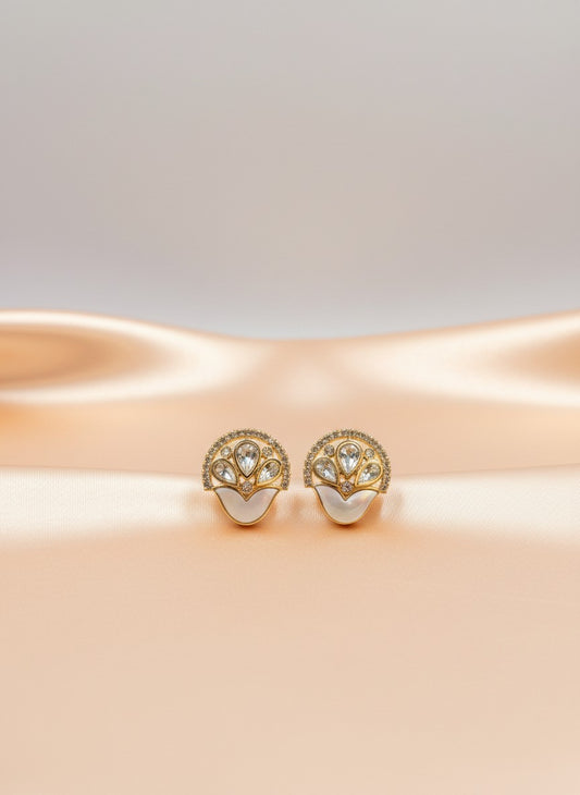 Gold-Plated Polki Stud Earrings with Mother of Pearl & Clear Stones for Women - All Occasions