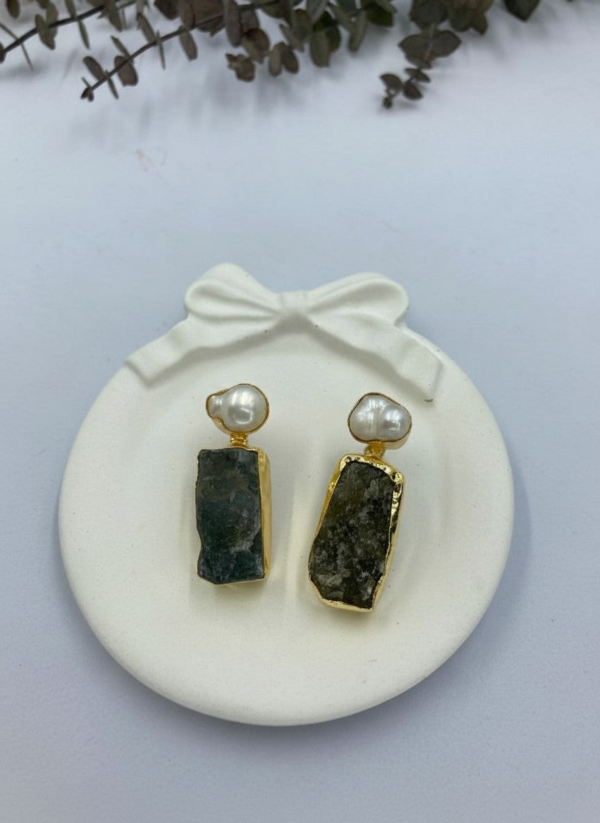 Raw Stone & Baroque Pearl Gold Statement Earrings for Women - All occasion wear