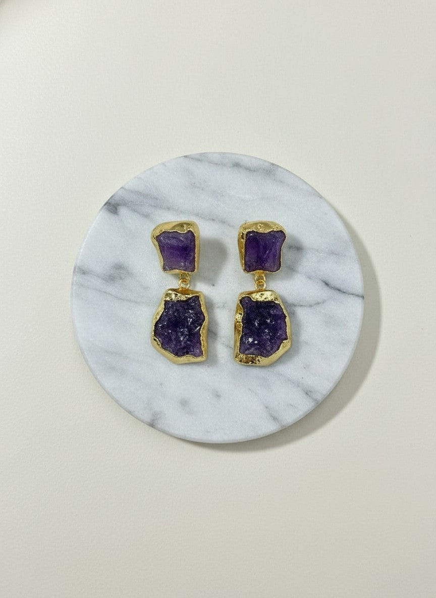 Raw Amethyst Geode Gold Drop Earrings for Women - Special Occasions