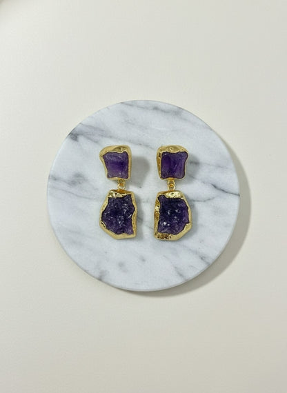 Raw Amethyst Geode Gold Drop Earrings for Women - Special Occasions