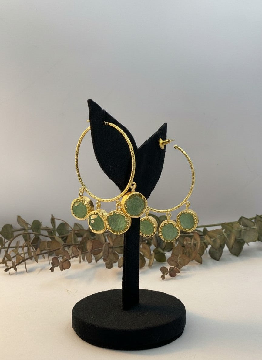 Green Aventurine Charm Gold Hoop Earrings for Women - All Occasion wear