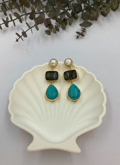 Natural Stones & Pearl Gold Drop Dangler Earrings for Women - Party & Special Occasion wear