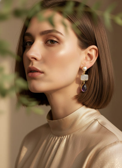 Amethyst & Moonstone Pearl Gold Drop Dangler Earrings for Women - Party & Special Occasions