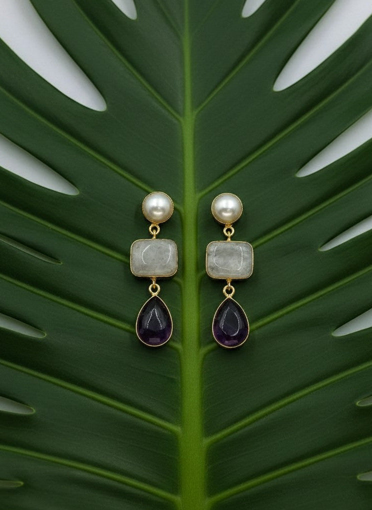 Amethyst & Moonstone Pearl Gold Drop Dangler Earrings for Women - Party & Special Occasions