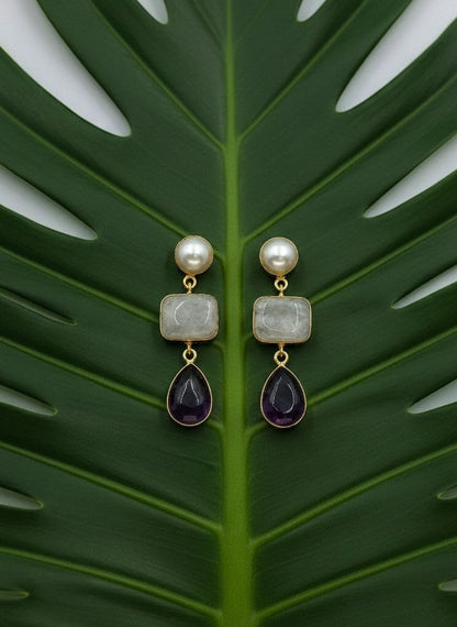 Amethyst & Moonstone Pearl Gold Drop Dangler Earrings for Women - Party & Special Occasions