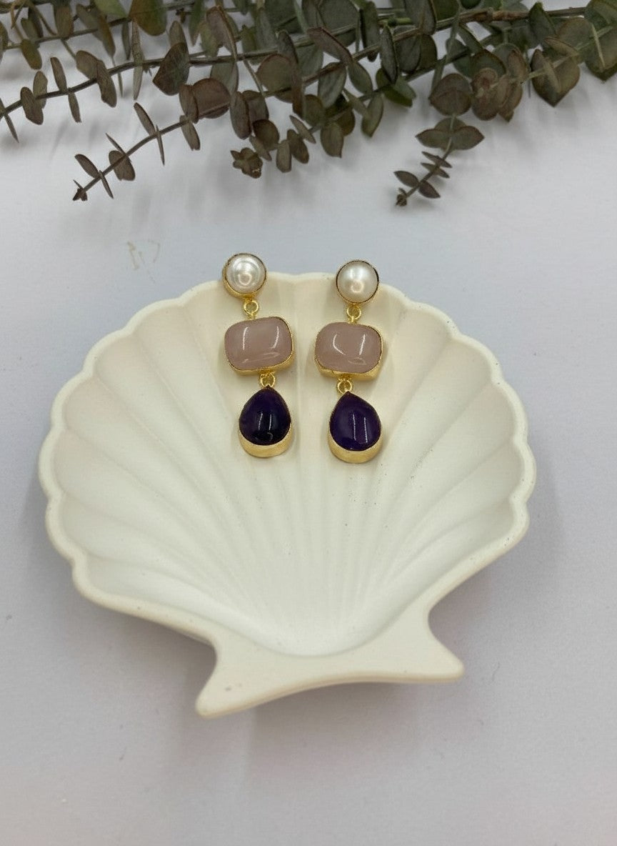 Rose Quartz & Amethyst Pearl Gold Drop Dangler Earrings for Women - Party & Special Occasions