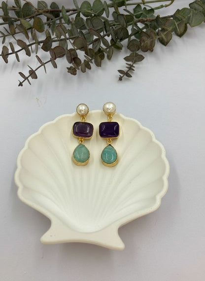 Green Aventurine & Amethyst Pearl Gold Drop Dangler Earrings for Women - Party & Special