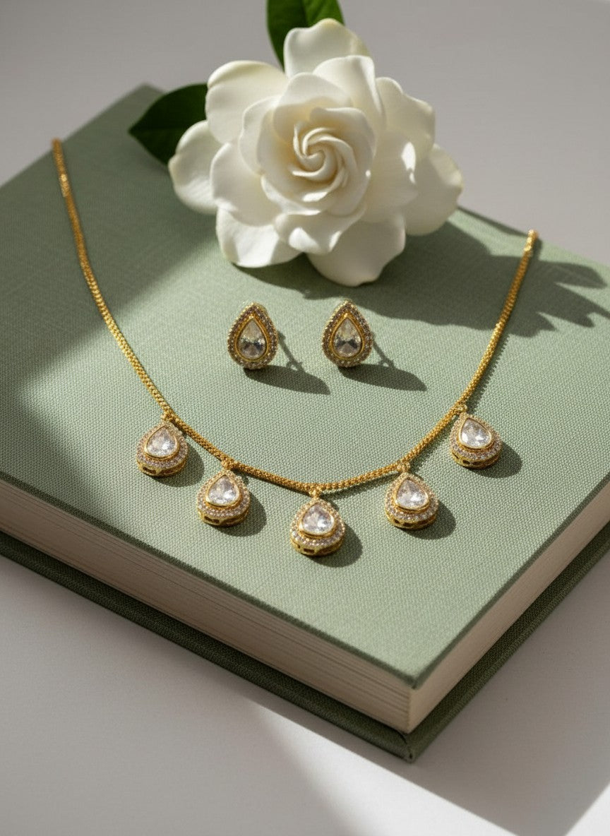 Polki Teardrop Gold Necklace & Stud Earring Set for Women - All Occasions wear