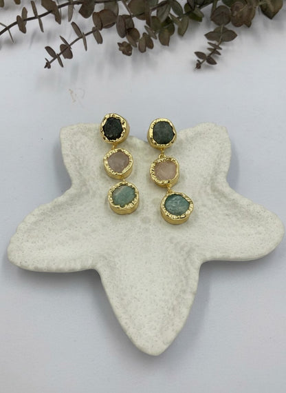 Trio Natural Stone Gold Statement Dangler Earrings for Women - All Occasion wear