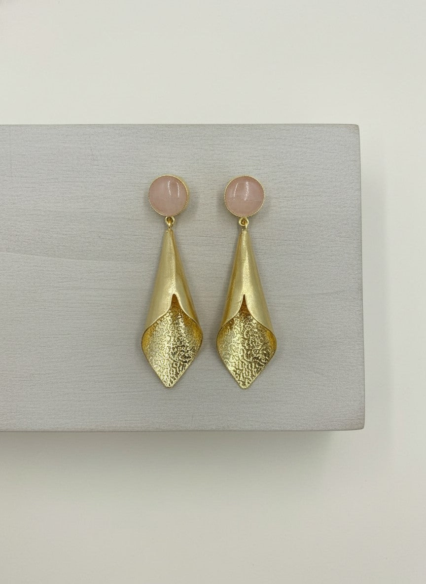 Handcrafted Gold Drop Earrings with Rose Quartz Natural Stones Accent for Women - Versatile Day to Night Statement Wear