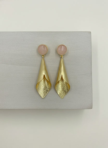 Handcrafted Gold Drop Earrings with Rose Quartz Natural Stones Accent for Women - Versatile Day to Night Statement Wear