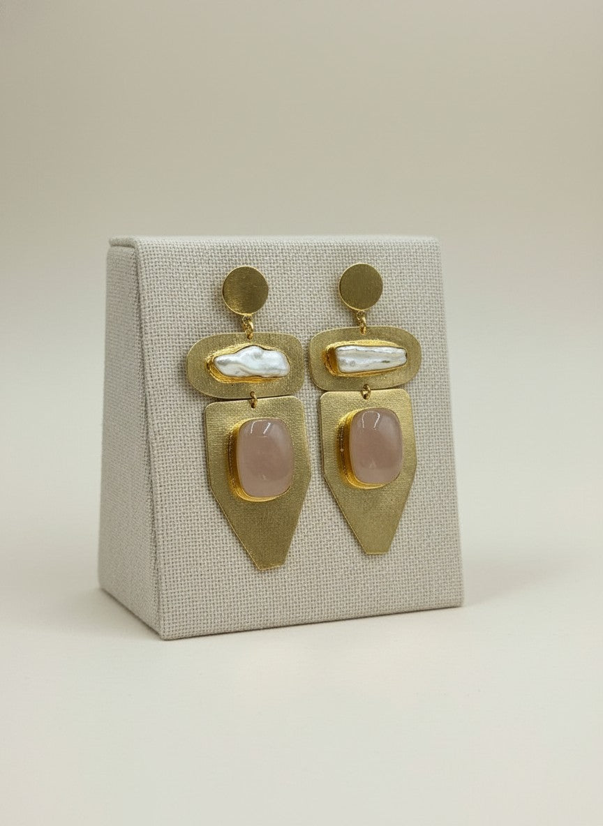 Blush Rose Quartz & Baroque Pearl Geometric Gold Drop Earrings for Women - Party Wear