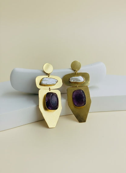 Natural Amethyst & Baroque Pearl Geometric Gold Drop Earrings for Women - Party Wear