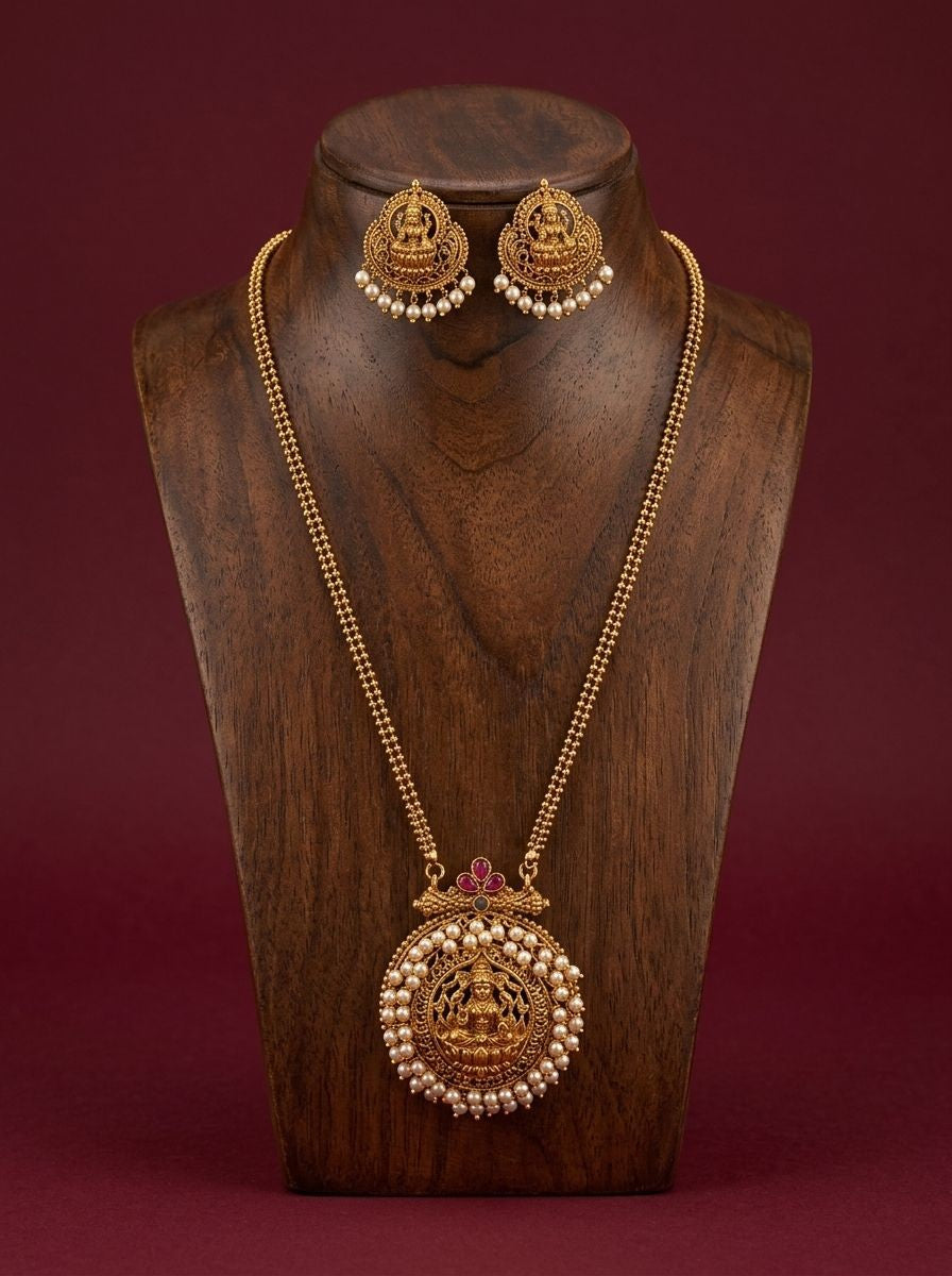 Padmavathi South Indian Inspired Antique Gold Lakshmi Medallion Necklace Set with Pearl Halo for Women - Minimal Festive Wear