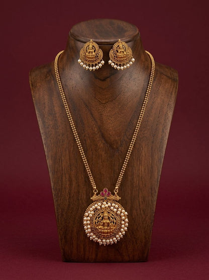 Padmavathi South Indian Inspired Antique Gold Lakshmi Medallion Necklace Set with Pearl Halo for Women - Minimal Festive Wear