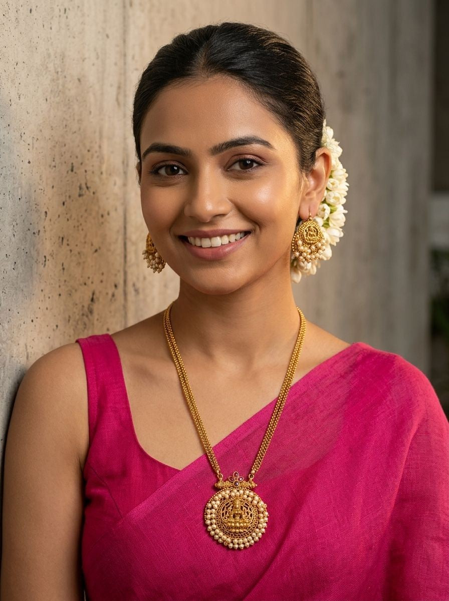 Padmavathi South Indian Inspired Antique Gold Lakshmi Medallion Necklace Set with Pearl Halo for Women - Minimal Festive Wear