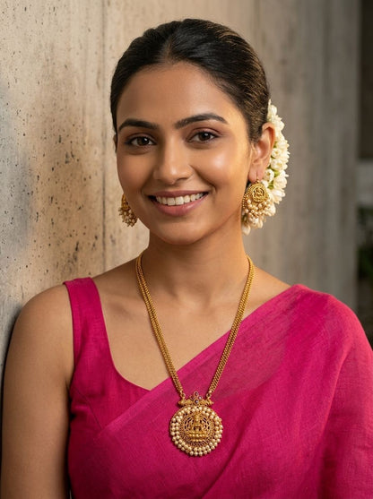 Padmavathi South Indian Inspired Antique Gold Lakshmi Medallion Necklace Set with Pearl Halo for Women - Minimal Festive Wear