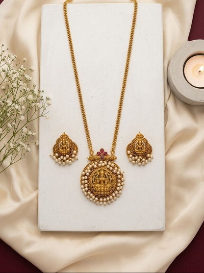 Padmavathi South Indian Inspired Antique Gold Lakshmi Medallion Necklace Set with Pearl Halo for Women - Minimal Festive Wear