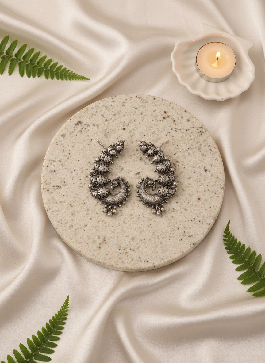 Peacock Motif Silver Oxidized Ear Cuff Earrings for Women - Special Occasions