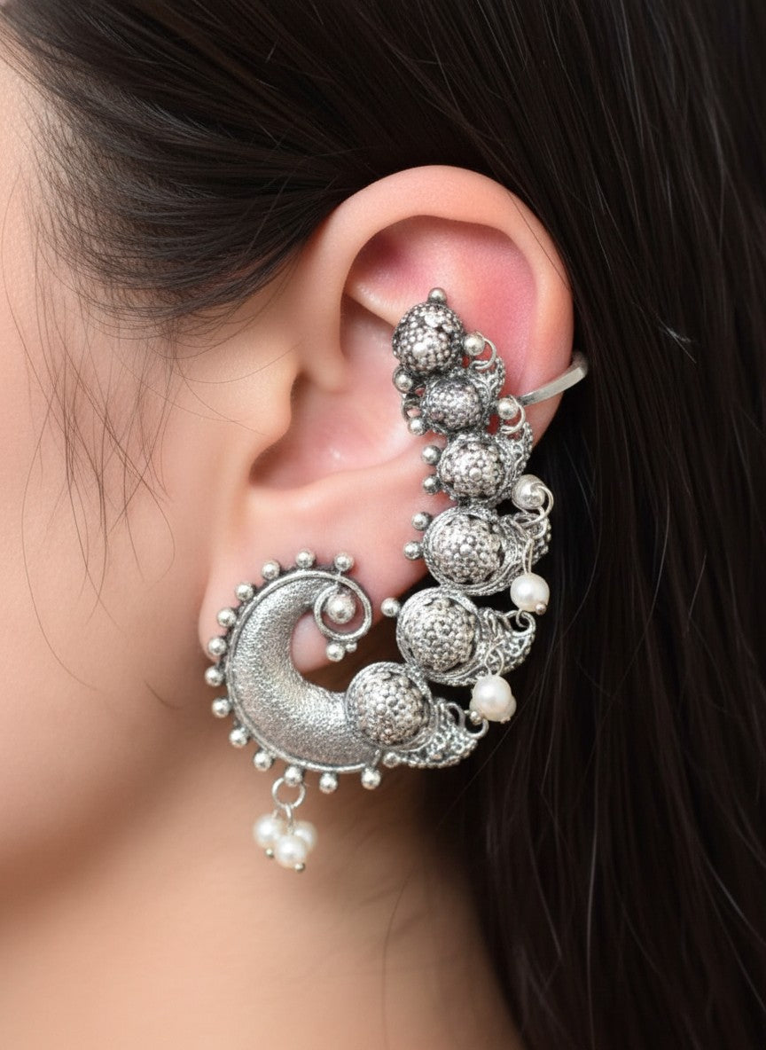 Peacock Motif Silver Oxidized Ear Cuff Earrings for Women - Special Occasions