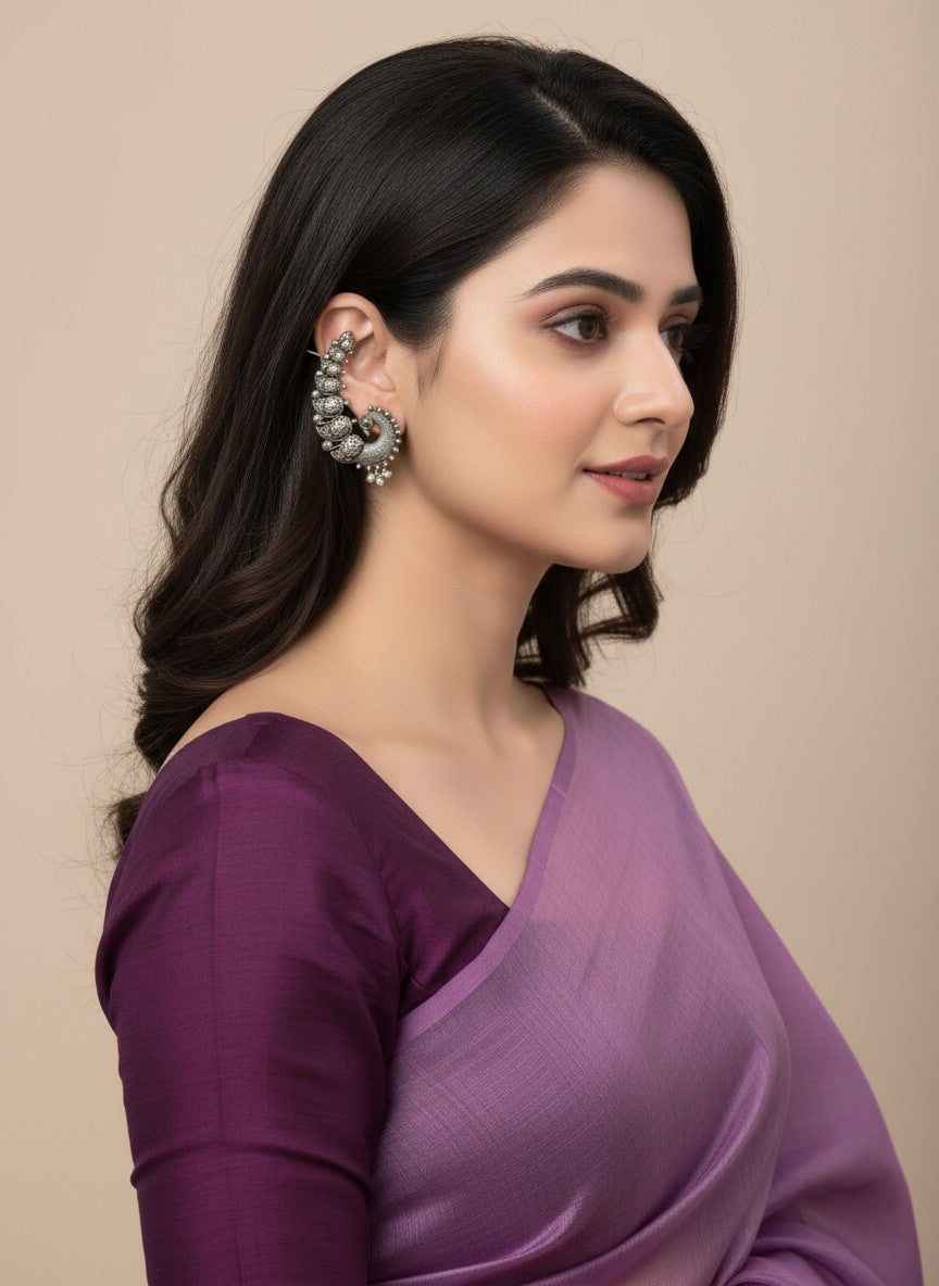 Peacock Motif Silver Oxidized Ear Cuff Earrings for Women - Special Occasions