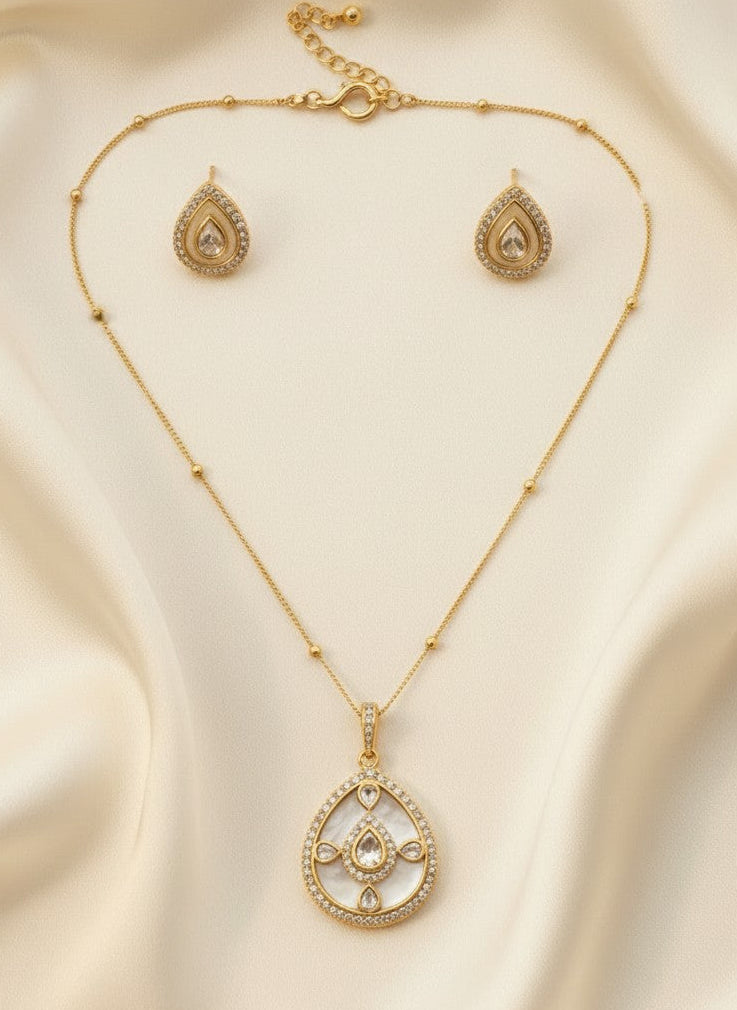 Polki & Mother of Pearl Teardrop Pendant Necklace Set for Women - All Occasion Wear