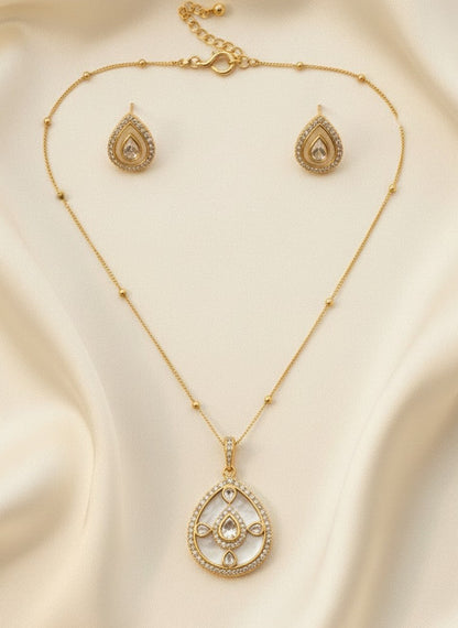 Polki & Mother of Pearl Teardrop Pendant Necklace Set for Women - All Occasion Wear
