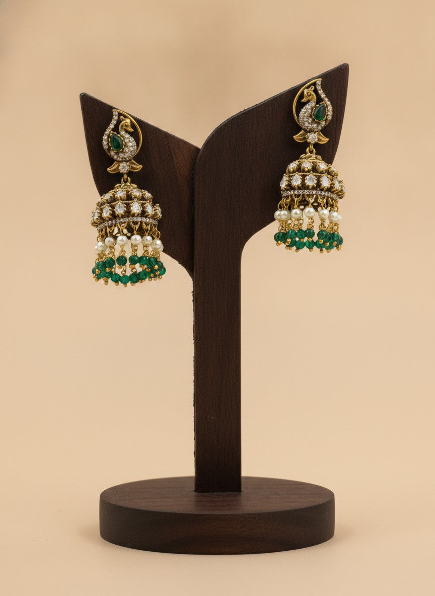 Polki Peacock Jhumka Earrings with Green Bead Drops – Wedding & Festive Wear