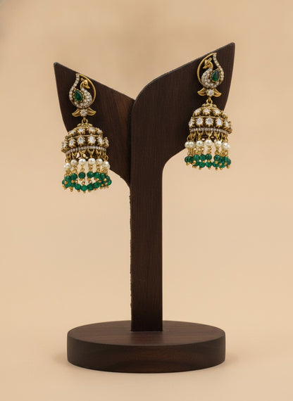 Polki Peacock Jhumka Earrings with Green Bead Drops – Wedding & Festive Wear