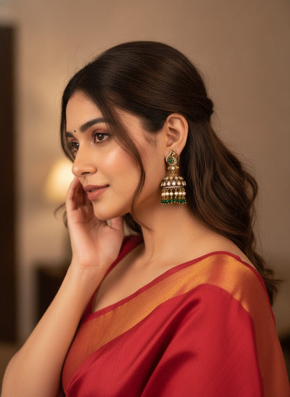 Polki Peacock Jhumka Earrings with Green Bead Drops – Wedding & Festive Wear
