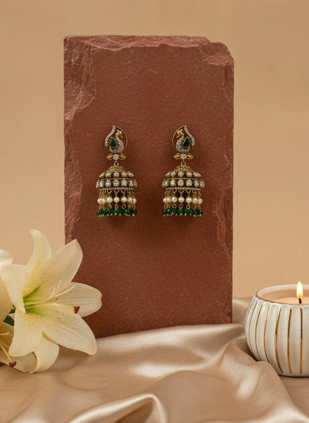 Polki Peacock Jhumka Earrings with Green Bead Drops – Wedding & Festive Wear