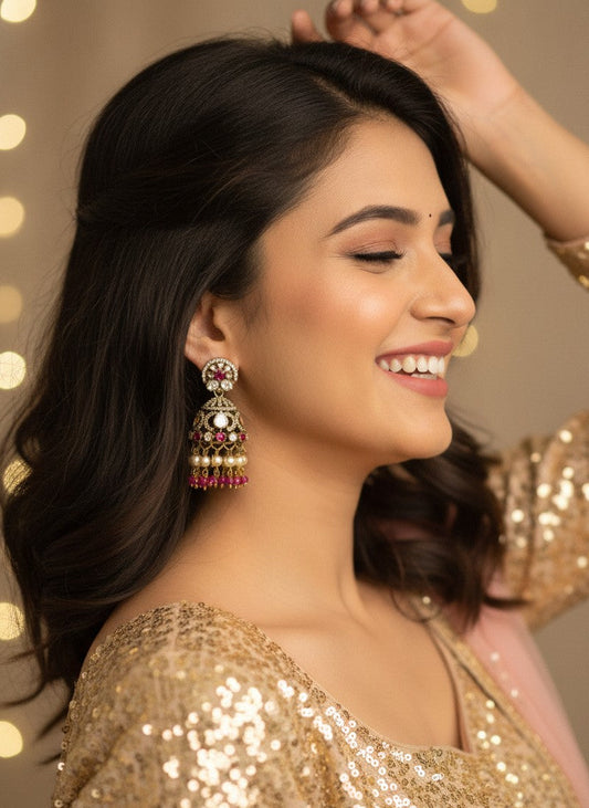 Polki Ruby Pink Jhumka Earrings for Women – Wedding & Festive Wear