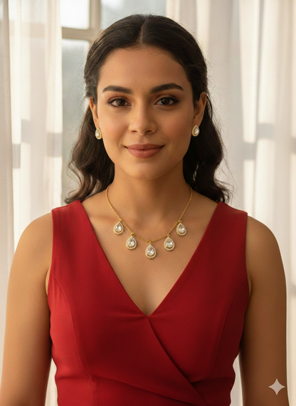 Polki Teardrop Gold Necklace & Stud Earring Set for Women - All Occasions wear