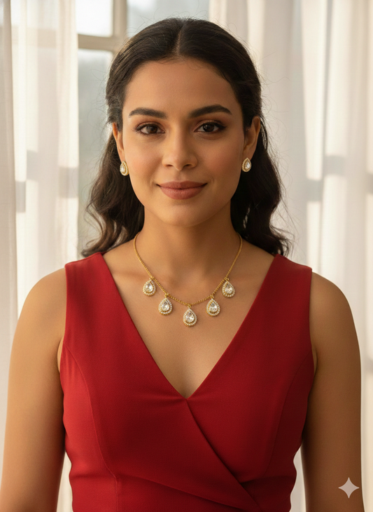Polki Teardrop Gold Necklace & Stud Earring Set for Women - All Occasions wear