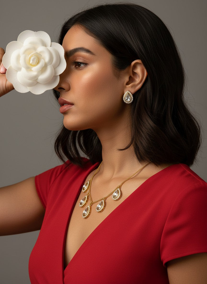 Polki Teardrop Gold Necklace & Stud Earring Set for Women - All Occasions wear