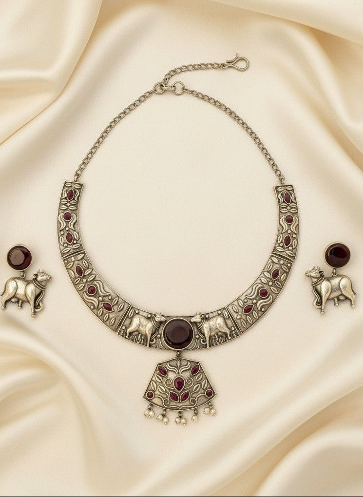 Premium Silver Oxidized Hasli Necklace Set with Nandi Motifs for Women - Statement Heritage Piece