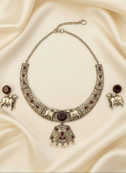 Premium Silver Oxidized Hasli Necklace Set with Nandi Motifs for Women - Statement Heritage Piece
