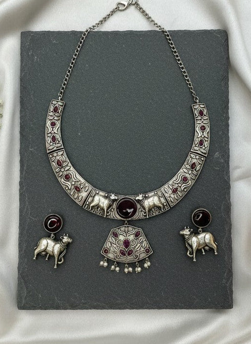 Premium Silver Oxidized Hasli Necklace Set with Nandi Motifs for Women - Statement Heritage Piece