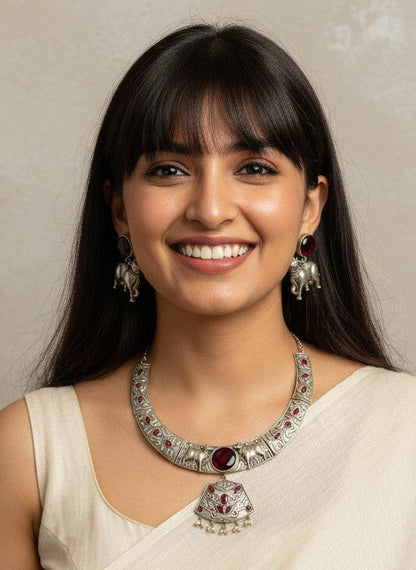 Premium Silver Oxidized Hasli Necklace Set with Nandi Motifs for Women - Statement Heritage Piece