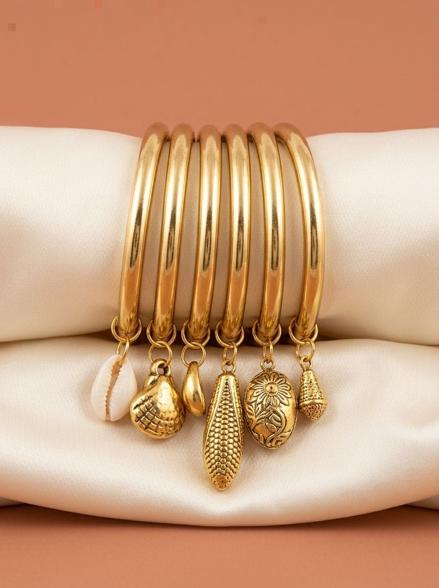 Pure Brass Gold Tone Charm Stackable Bangle Set of 6 for Women – Ethnic Fusion Wear