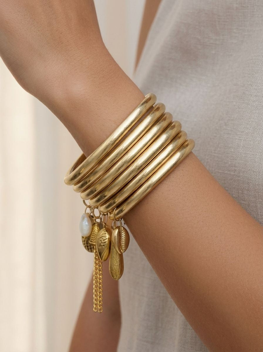 Pure Brass Gold Tone Charm Stackable Bangle Set of 6 for Women – Ethnic Fusion Wear