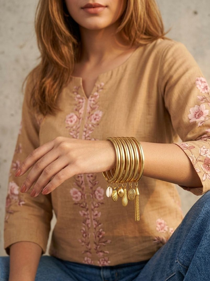 Pure Brass Gold Tone Charm Stackable Bangle Set of 6 for Women – Ethnic Fusion Wear