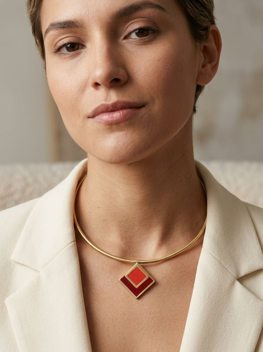 Pure Brass Hasli Neckpiece with Geometric Enamel Pendant for Women - Fusion Contemporary Wear